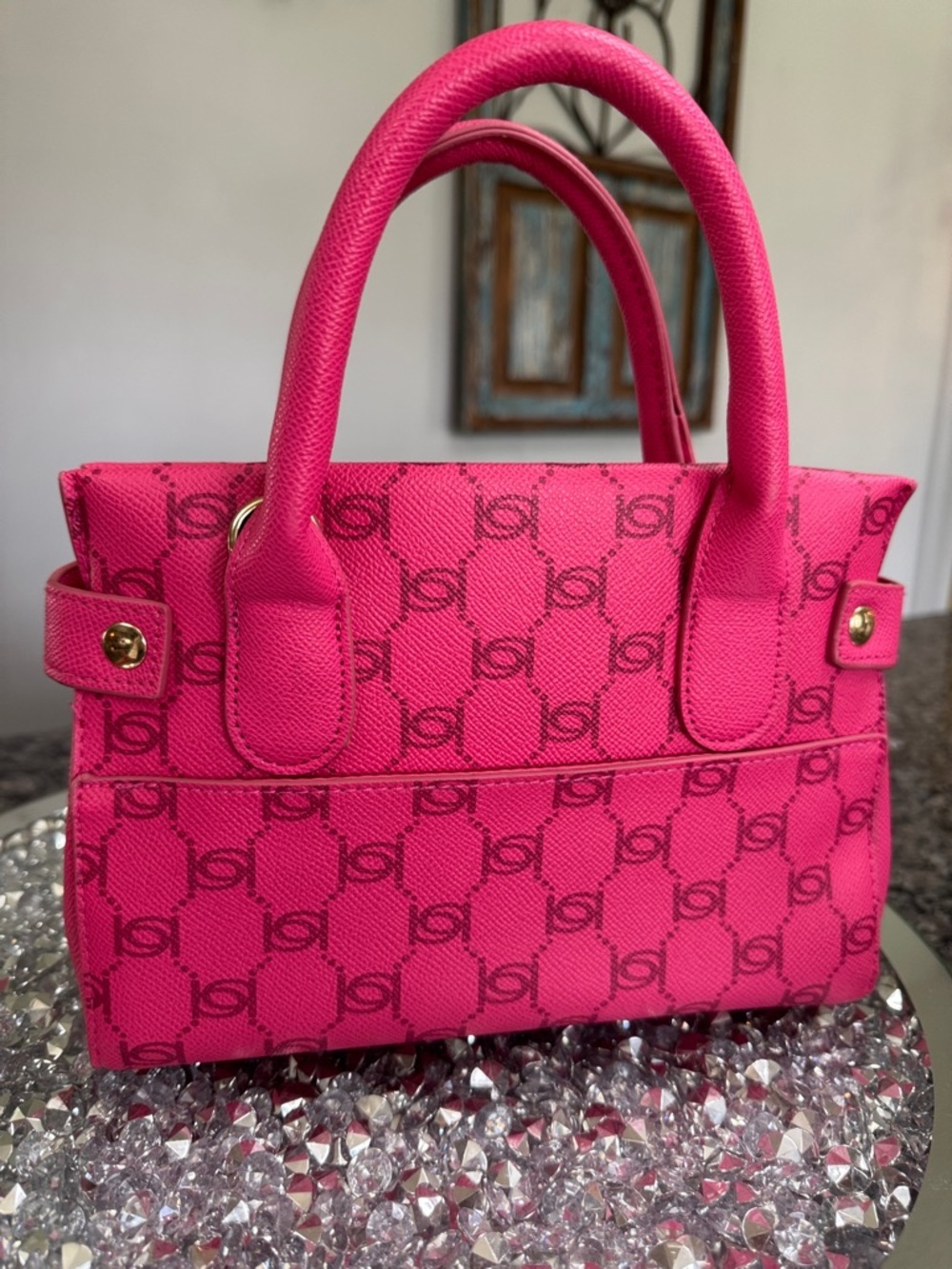 bebe Hot Pink Logo small Satchel with Gold-Tone Hardware and crossbody strap - Picture 6 of 16